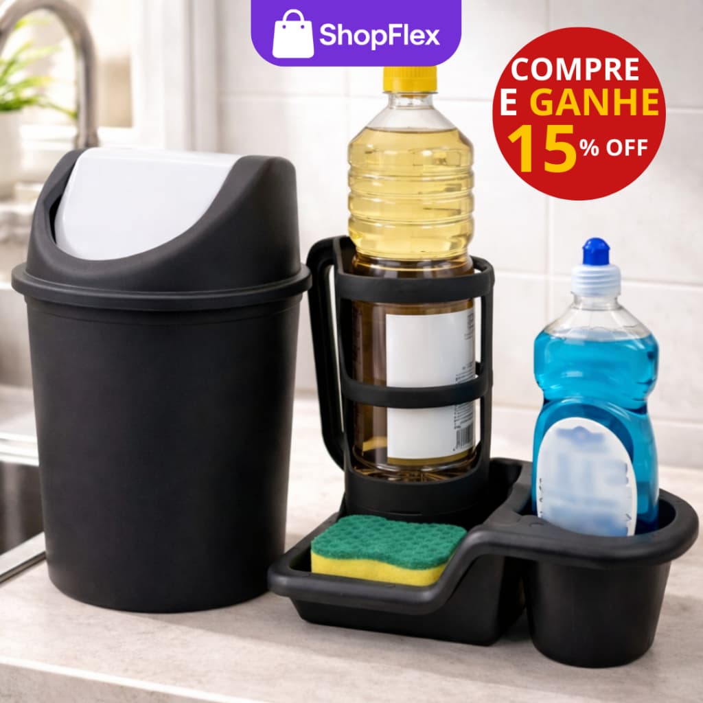 Kit Pia para Cozinha Multiuso Moderno 3 Peças Lixeira 3,6L - Porta Óleo - Porta Detergente