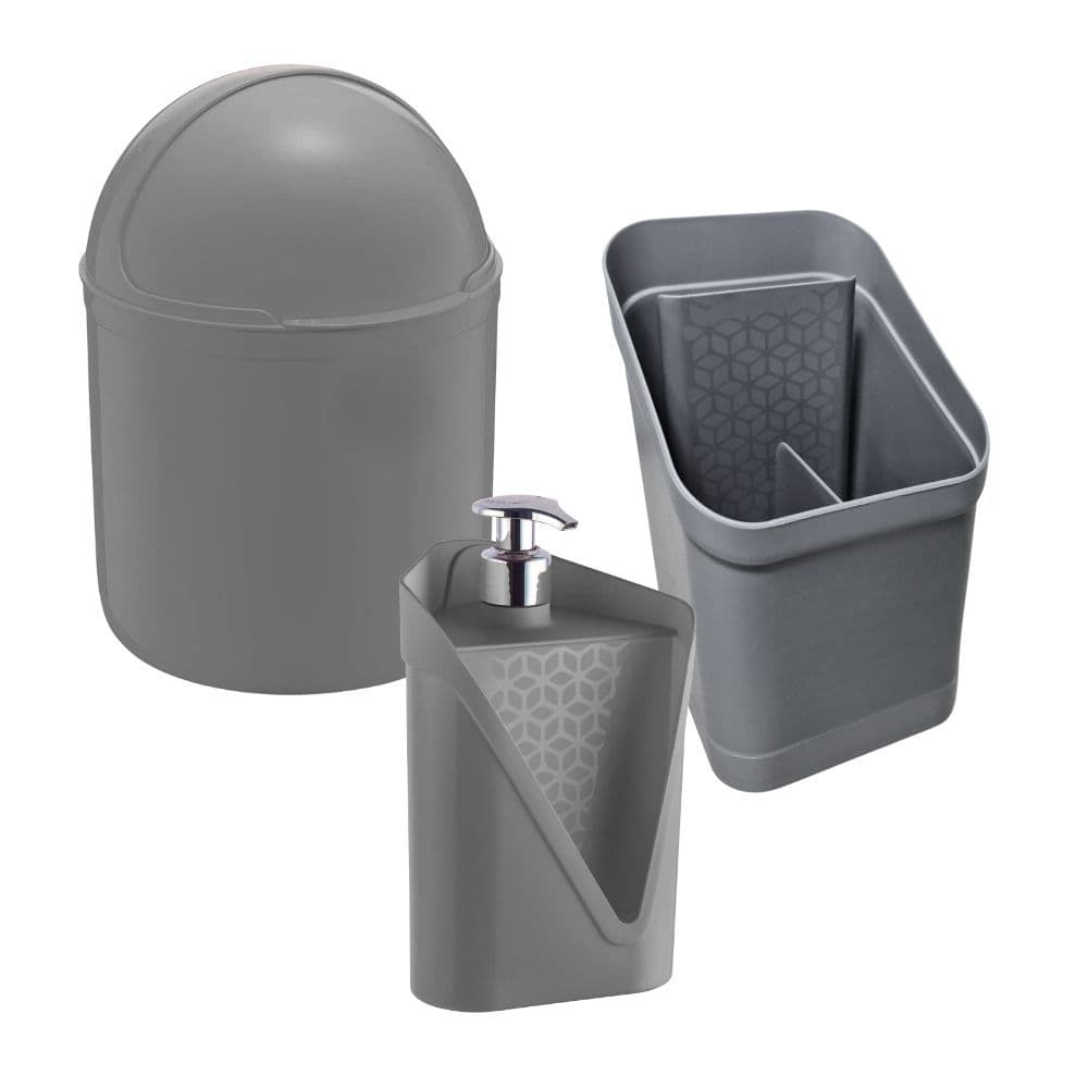 Kit 3 Peças Lixeira 4L, Dispenser Click Detergente 500ml, Escorredor de Talheres Slim Pia Cozinha/ Kit 2 Peças