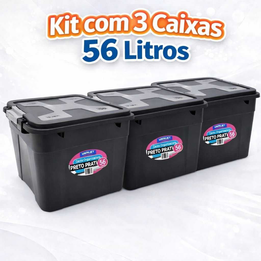Kit 3 Organizador 56 Litros Caixa Organizadora Preta Resistente Multiuso Com Tampa Segura Duas Travas Objetos Documentos
