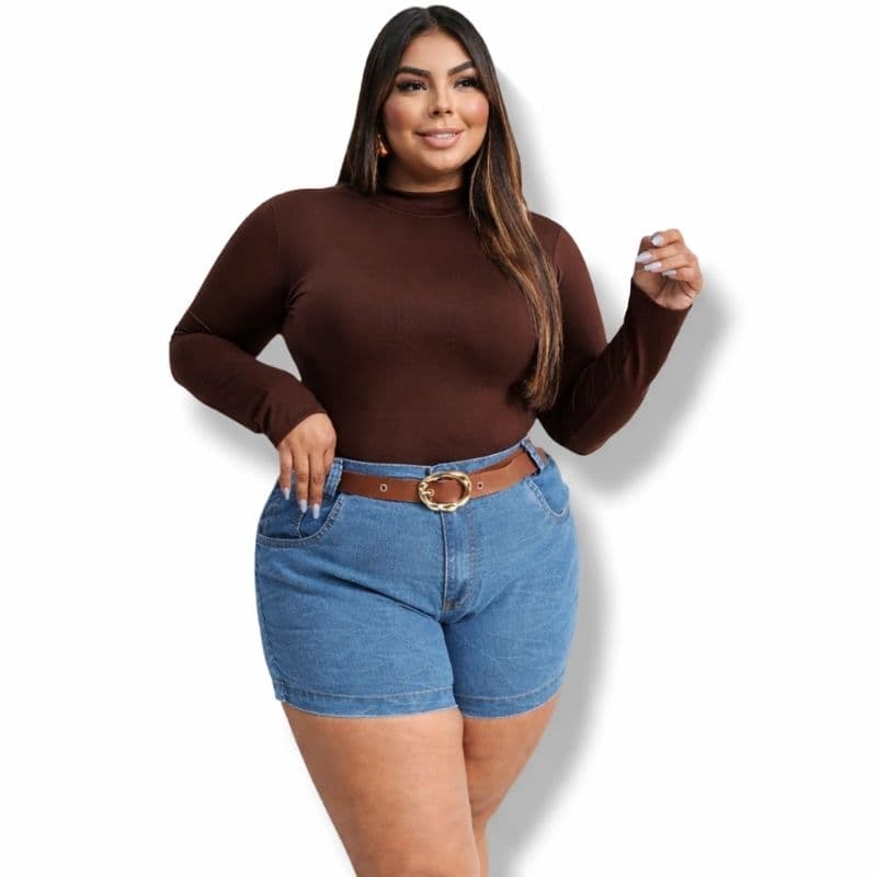 Body Manga Longa Plus Size Suplex Premium, Veste 44 ao 50, Com Fecho, Gola Média, Modela o Corpo e Valoriza Curvas