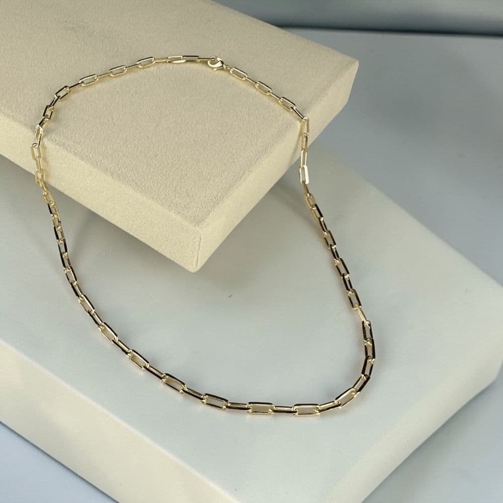 Colar Choker Feminino Elos Retangulares Dourado Folheado Acessórios Moderno Ajustável 35cm + Extensor