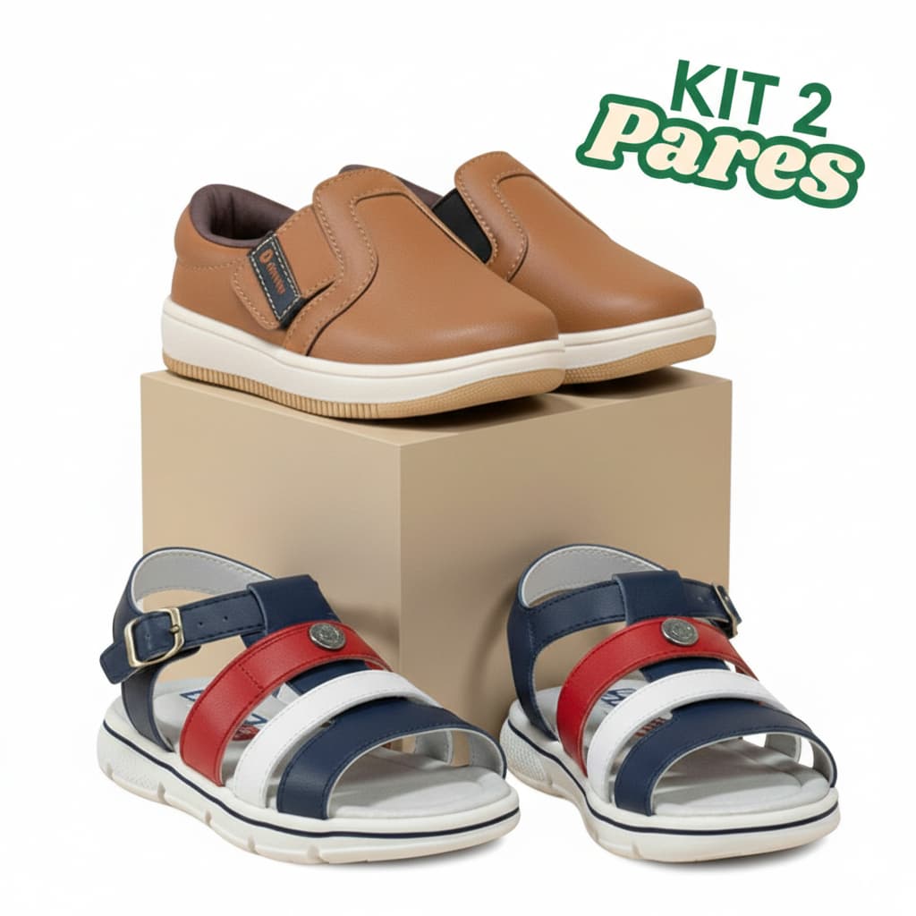Kit 2 pares Sapatênis Infantil Menino Calce fácil e Sandália Papete Masculina Marinho Caramelo Preto