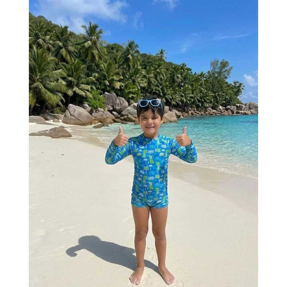 Conjunto de manga longa proteção de banho menino estampado para banhos em praias piscinas