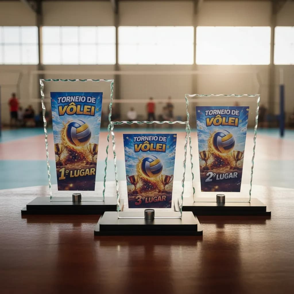 Kit 6 Troféus de Vidro Vôlei com Base em MDF Premiação Campeonato Torneio Esportivo Arena Competição
