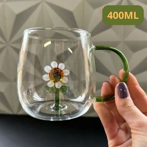Caneca De Vidro Margarida Girassol Exclusiva 400ml Resistente Ideal para Café e Chá