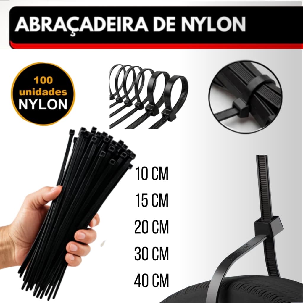 Kit 100 Abraçadeira de Nylon Cinta Plástica Enforca Gato Branco Preto 10cm 15cm 20cm 25cm 30cm 35cm