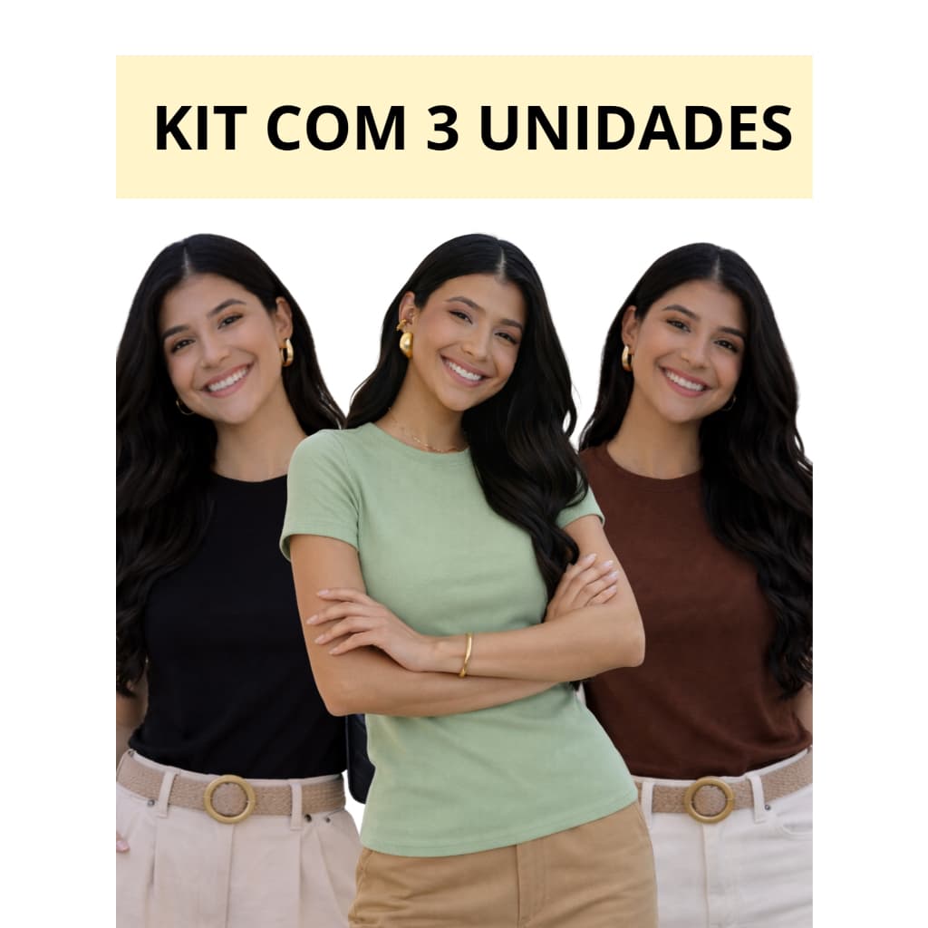 Kit 3 Blusa Feminina Canelada Ribana Básica Manga Curta Gola Casual Moda Cores Sortidas