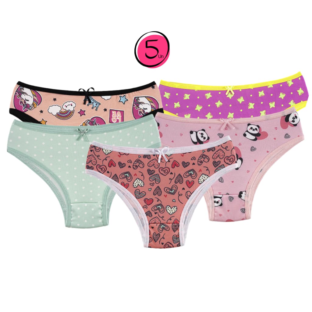 Kit 5 Calcinha Juvenil Estampada Menina Moça Feminina Tanga Infantil Conforto Forro 100% Algodão