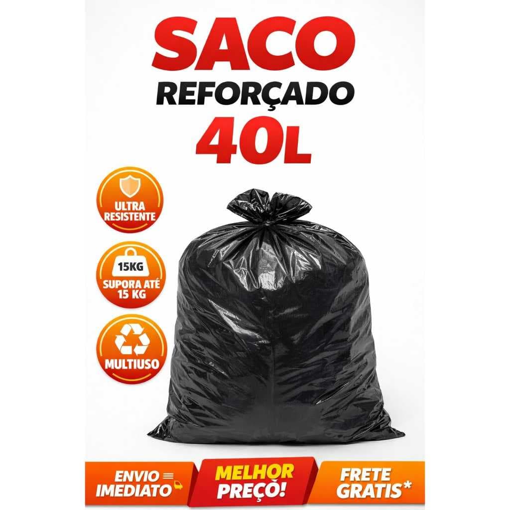 SACO DE LIXO REFORÇADO 40 LITROS PRETO - Pacotes com 25 50 100 Unidades