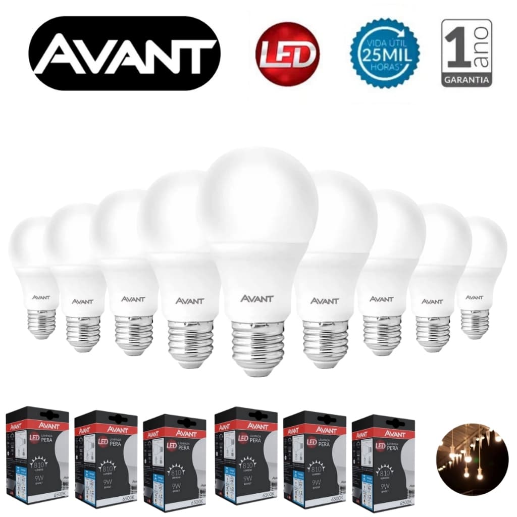 Kit 10 Lâmpadas LED 9w Bulbo Pera Bivolt Avant Super Branca 6500K Econômica