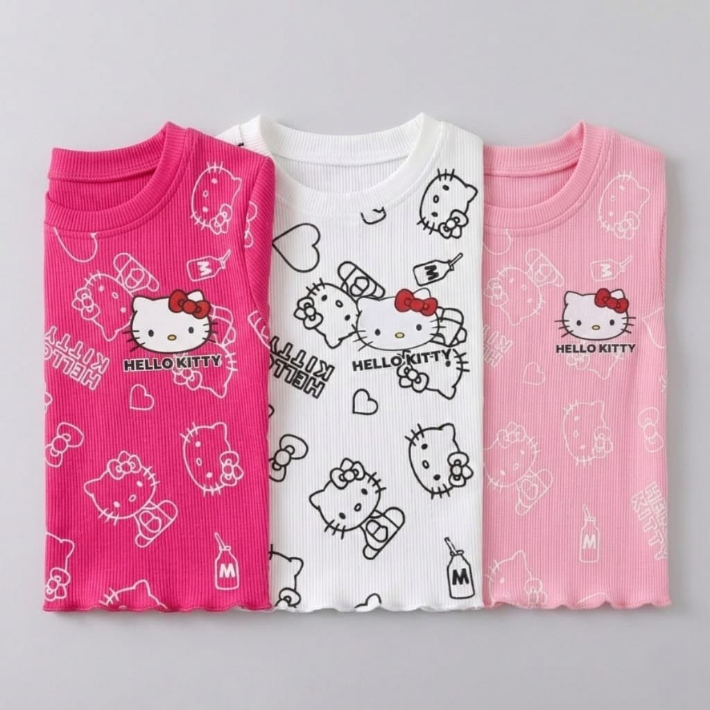 Blusa cropd Infantil Hello Kitty Menina Malha Canelada Super Macia Manga Curta Roupa Casual Infantil