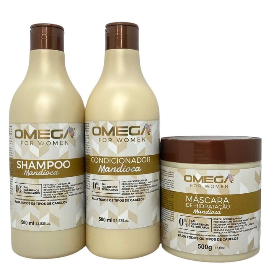 Kit Capilar MANDIOCA Shampoo Condicionador e Máscara 500g Omega Hair