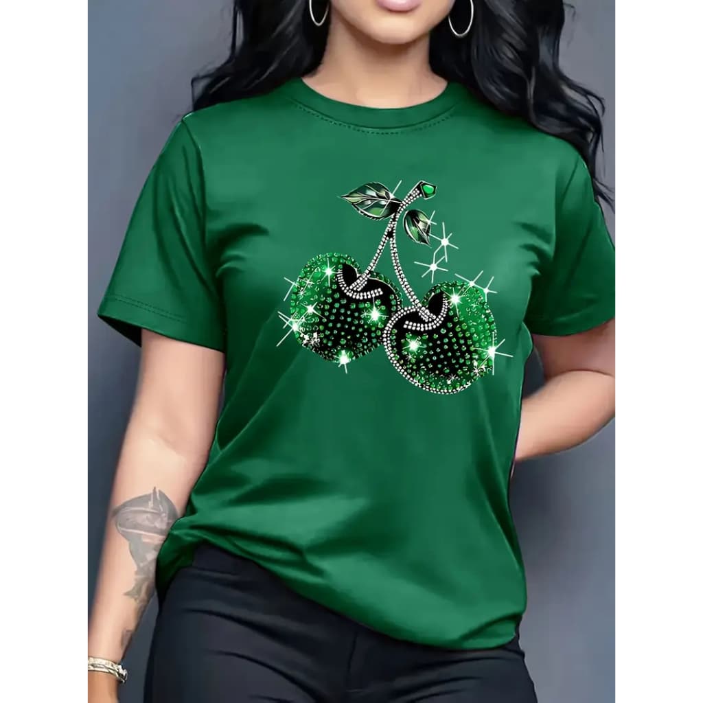 Camiseta Feminina Estampa Cereja 100% Algodão T-Shirt Moda Verão Envio Rápido