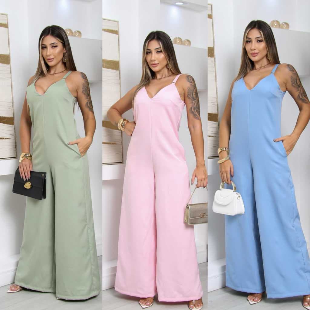 Macacão Feminino Pantalona Alfaitaria Com Bolso, Alça Grossa Com bojo Elegante-Confortavel