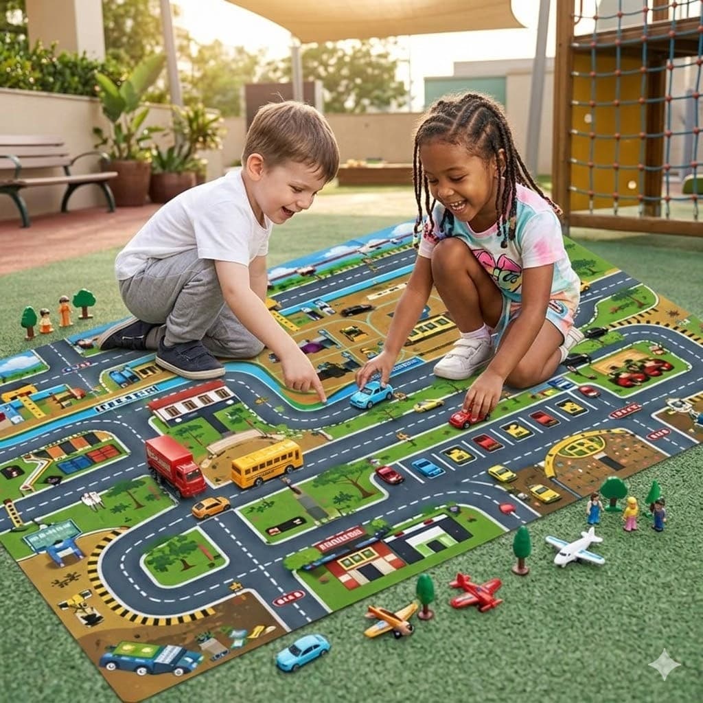 Conjunto - Pista com 2 Carrinhos - Tapete e Acessórios - para Criança