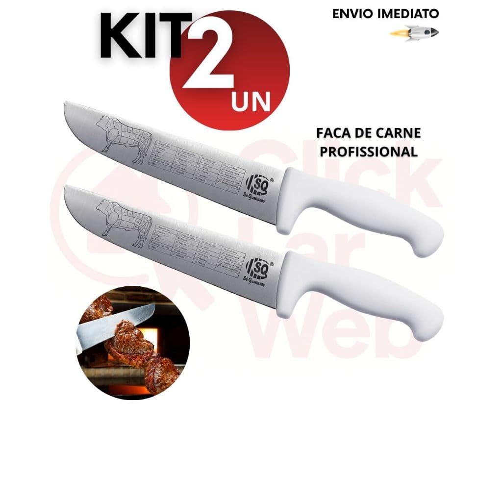 Kit 1/2 Faca Carne Profissional 8 Polegadas Cabo Branco Aço Inox Açougueiro Churrascaria Legumes e Frutas Cozinha Chef