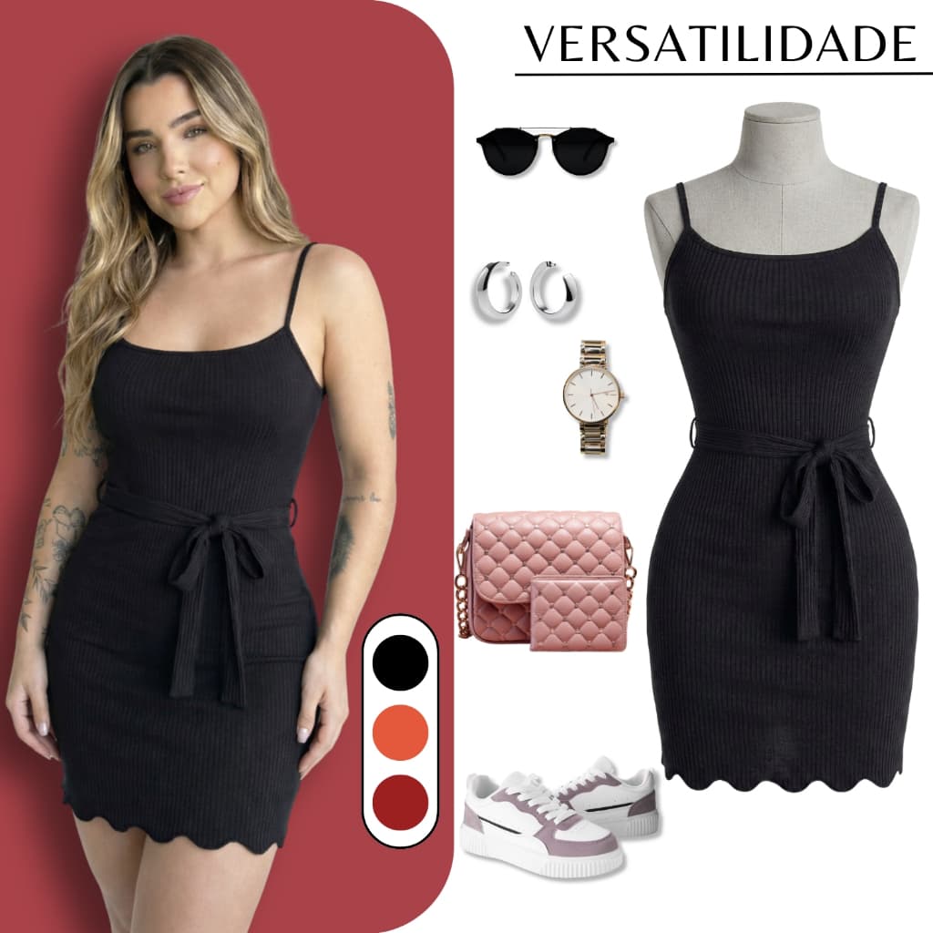 Vestido Tubinho Curto Com Amarração na Cintura Laço Coladinho Delicado Barra Nuvem Ondinha Modinha