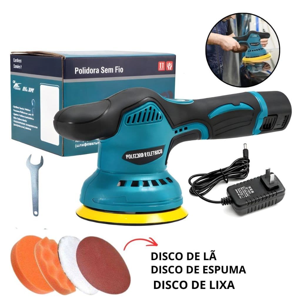 Lixadeira Politriz Portátil 12V Sem Fio 8 Velocidades Para Polimento Automotivo Rápida