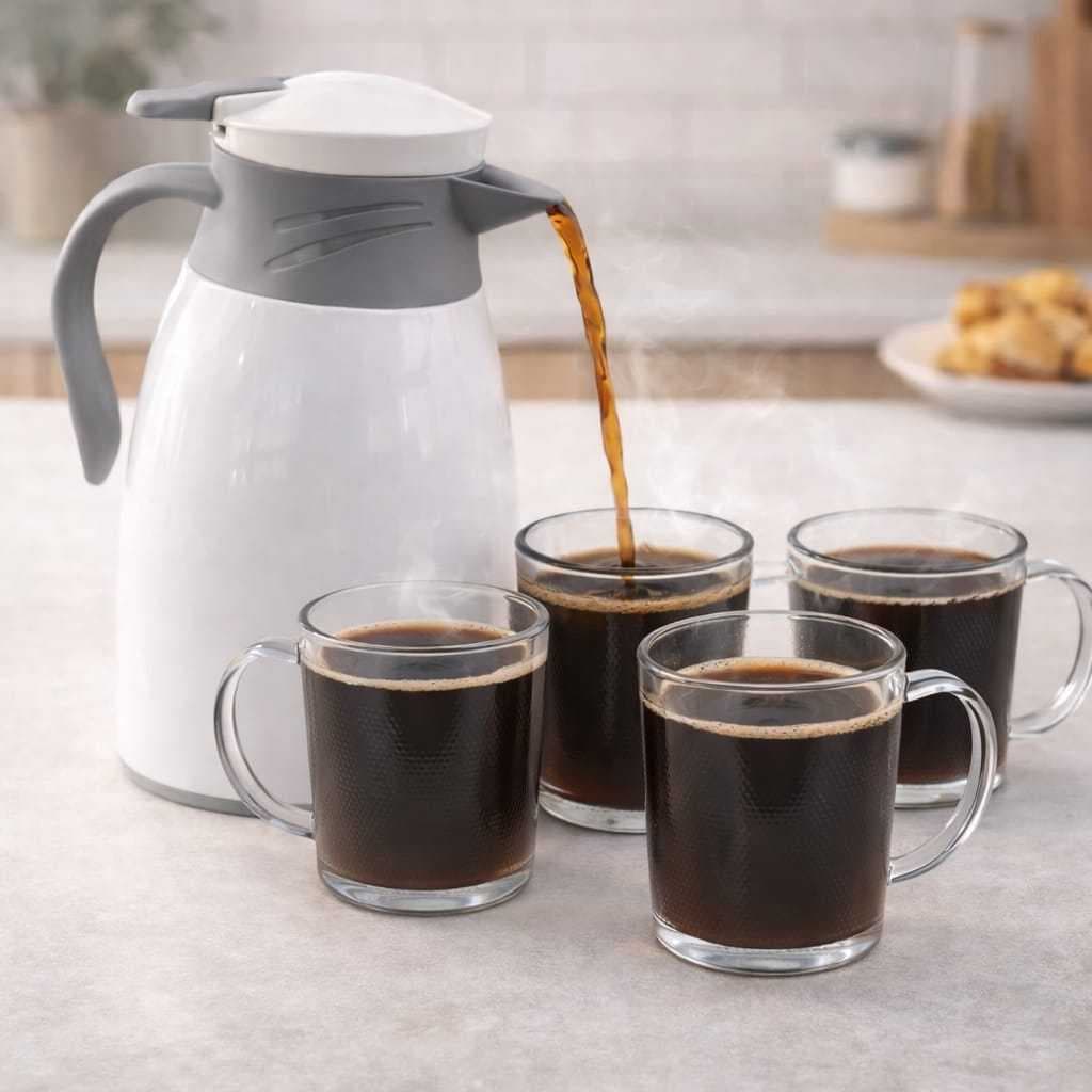 Jogo Garrafa Térmica  Preta/Branca 1 Litro com 4 Canecas de Vidro Ideal Para Café/Chá/Leite