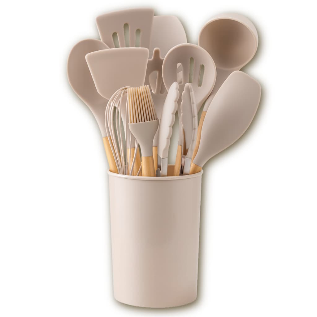 Kit de Utensílios de Bambu c/ Silicone Grande 12p Bege c/ Escorredor de Talheres c/ Pegador Fue