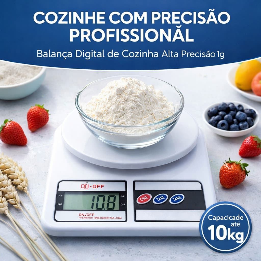 Balança Digital de Cozinha 10Kg Alta Precisão 1g com Função Tara Display LCD para Alimentos Dieta e Receitas