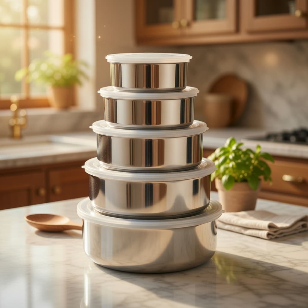 Potes Herméticos Inox 5 Peças Redondos Porta Mantimentos Tampa Vedação Armazenar Alimentos Cozinha Organizador Grãos