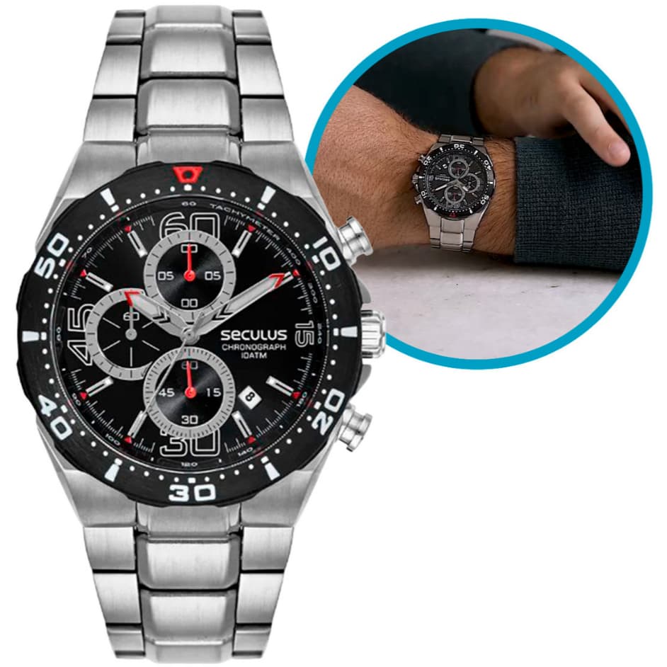 Relógio Masculino Seculus 43mm Sport Prateado em Aço Inoxidável