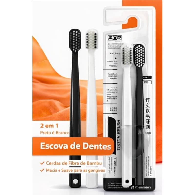 Escova de Dentes com Carvão de Bambu Cerdas Ultra Macias Kit com 2