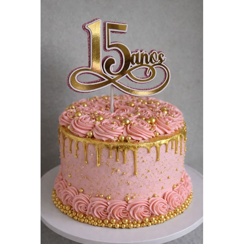 Envio Rapido - Topo de Bolo 15 anos, Debutante, dourado com fundo Rosa gliter
