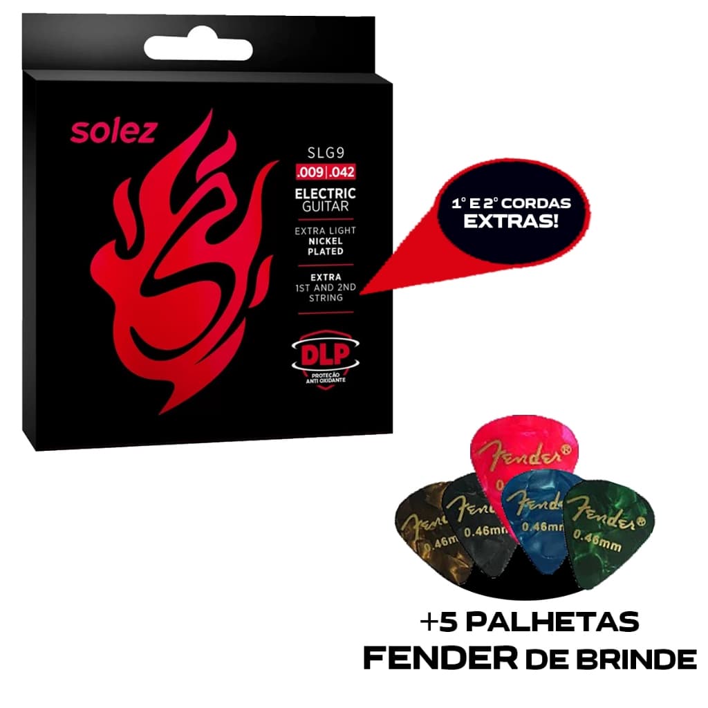 Encordoamento Para Guitarra Solez Slg09 09 Dlp + Brinde 5 Palhetas Fender
