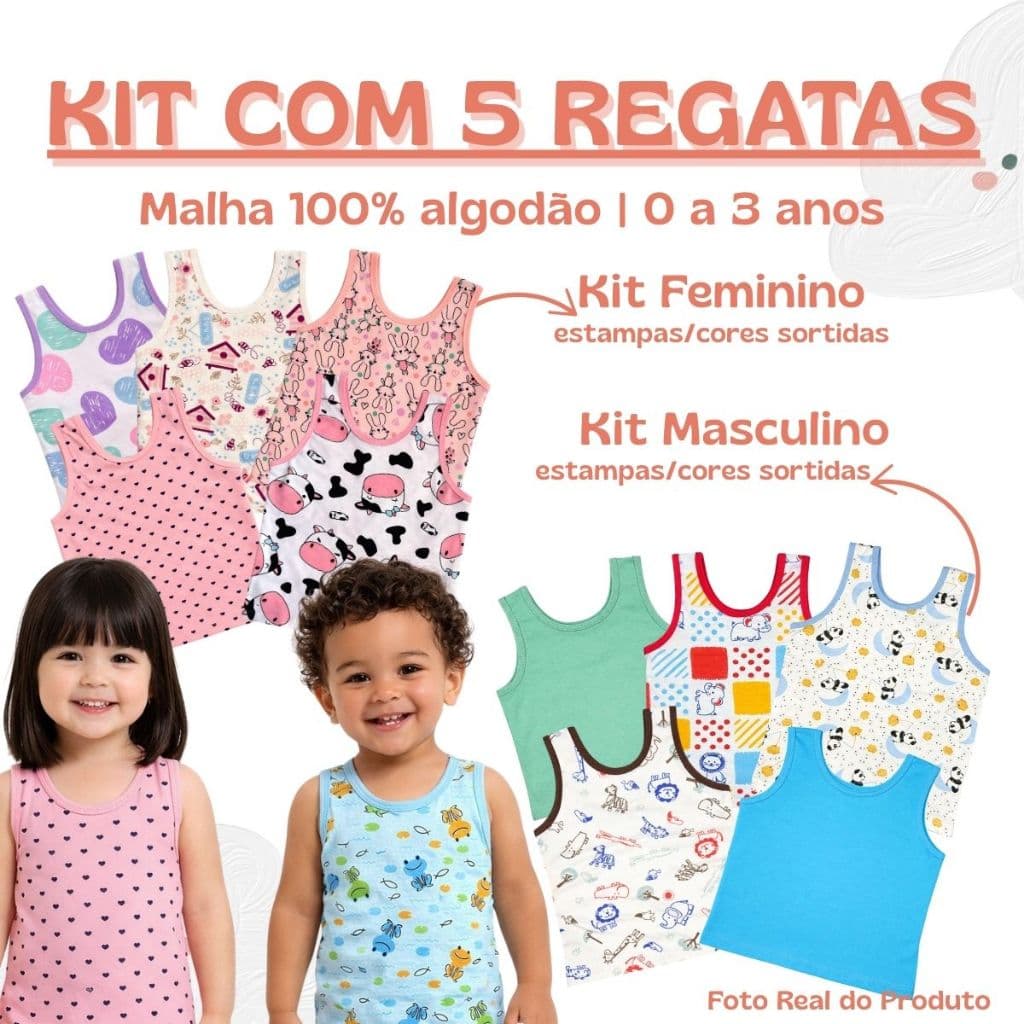 kit com 5 Regatas infantis e bebê de algodão 0 a 3 anos masculino e feminino