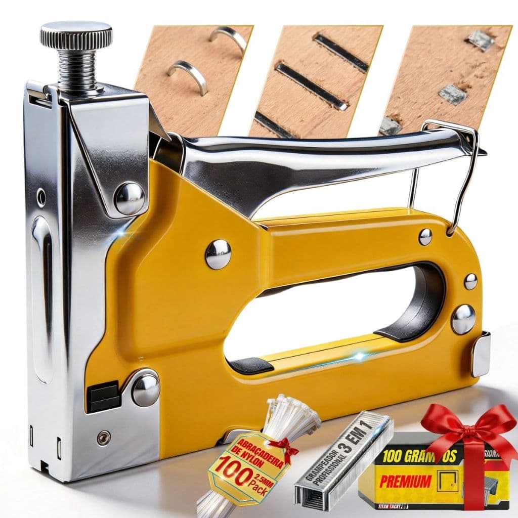 Grampeador Profissional Tapeceiro 3 Em 1 Ajustável + Grampos e Kit com 100 Abraçadeira