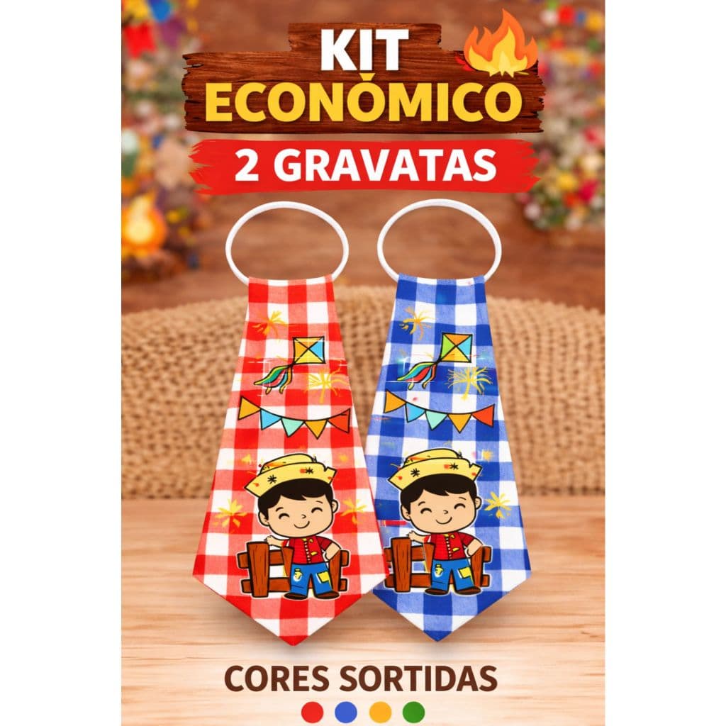 KIT COM 2 Gravatas Juninas Infantil com Elástico Festa Caipira (Cores Sortidas)