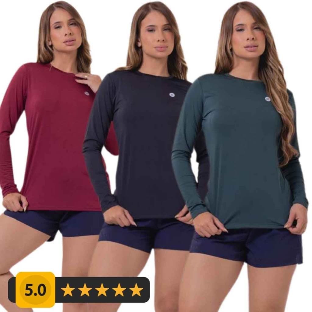 kIT 3 Camisa Térmica Feminina Proteção Uv 50+ Segunda Pele Camiseta Malha Fria Manga Longa UV.