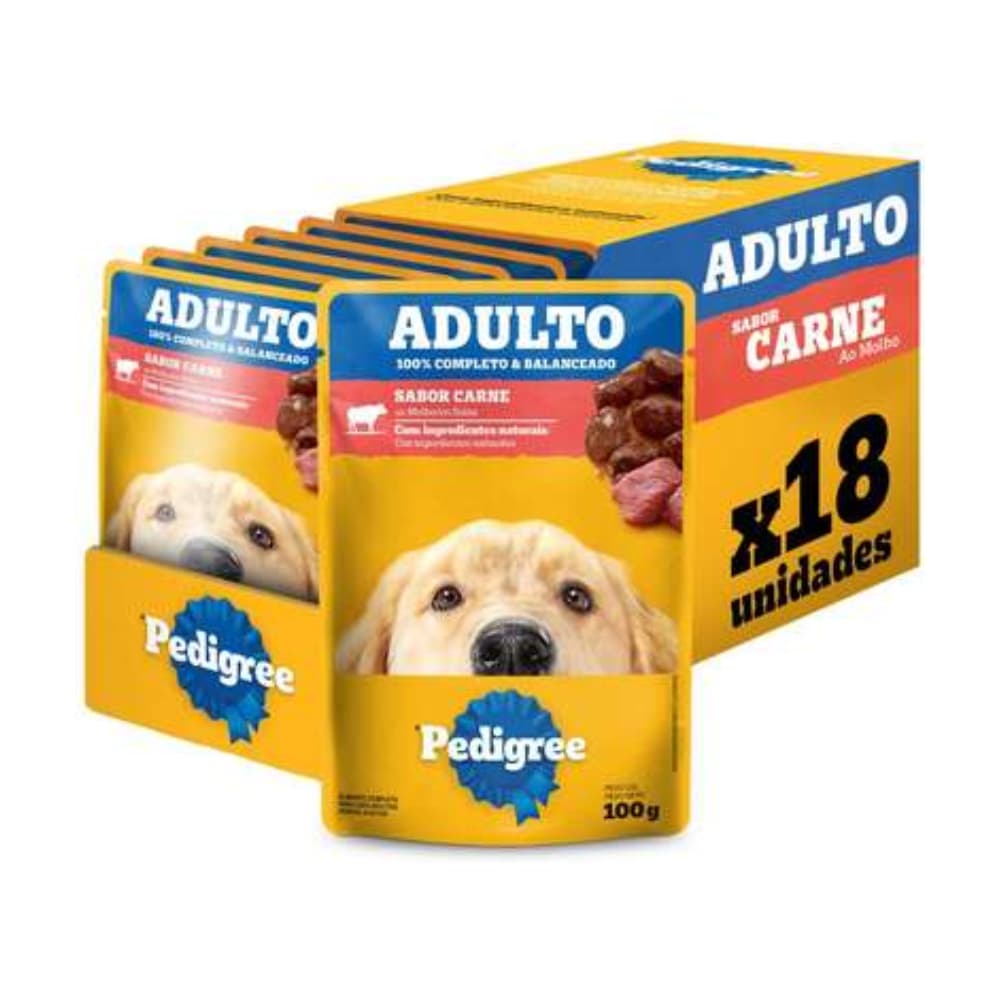Ração Úmida Pedigree Sachê Carne ao Molho para Cães Adultos 100g - 18 Unid.