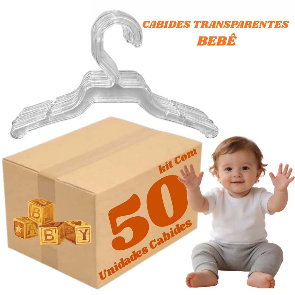 Cabide Bebê Infantil Cristal Acrílico Transparente 50 Peças Baby