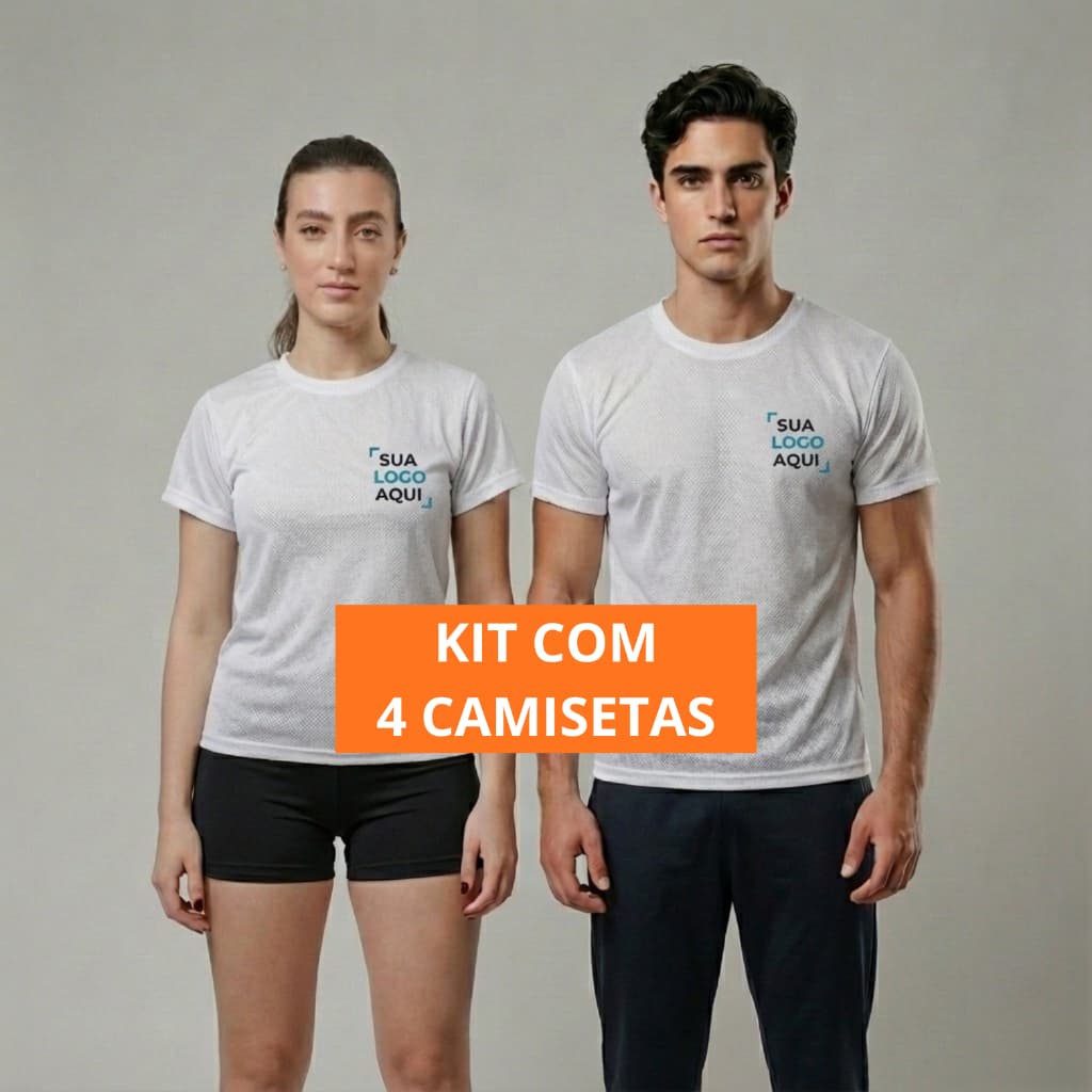 KIT 4 Camisetas Brancas DRY FIT Estampadas Personalizadas Com Sua Logo Respirável Térmica UV