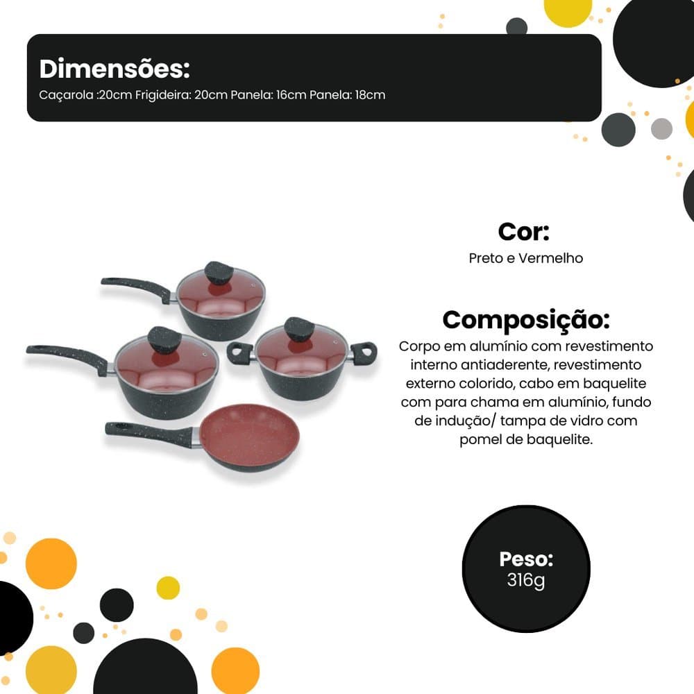 Conjunto Jogo de Panelas 4 Peças Antiaderente  Tampa de Vidro Indução Arroz Preto Vermelho