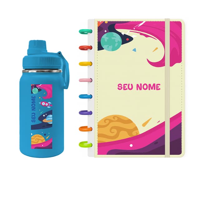 Kit Caderno/Planner de Discos Personalizado A5 e Garrafa Fresh Térmica 350ml  - Kit Universo dos Sonhos k1-014