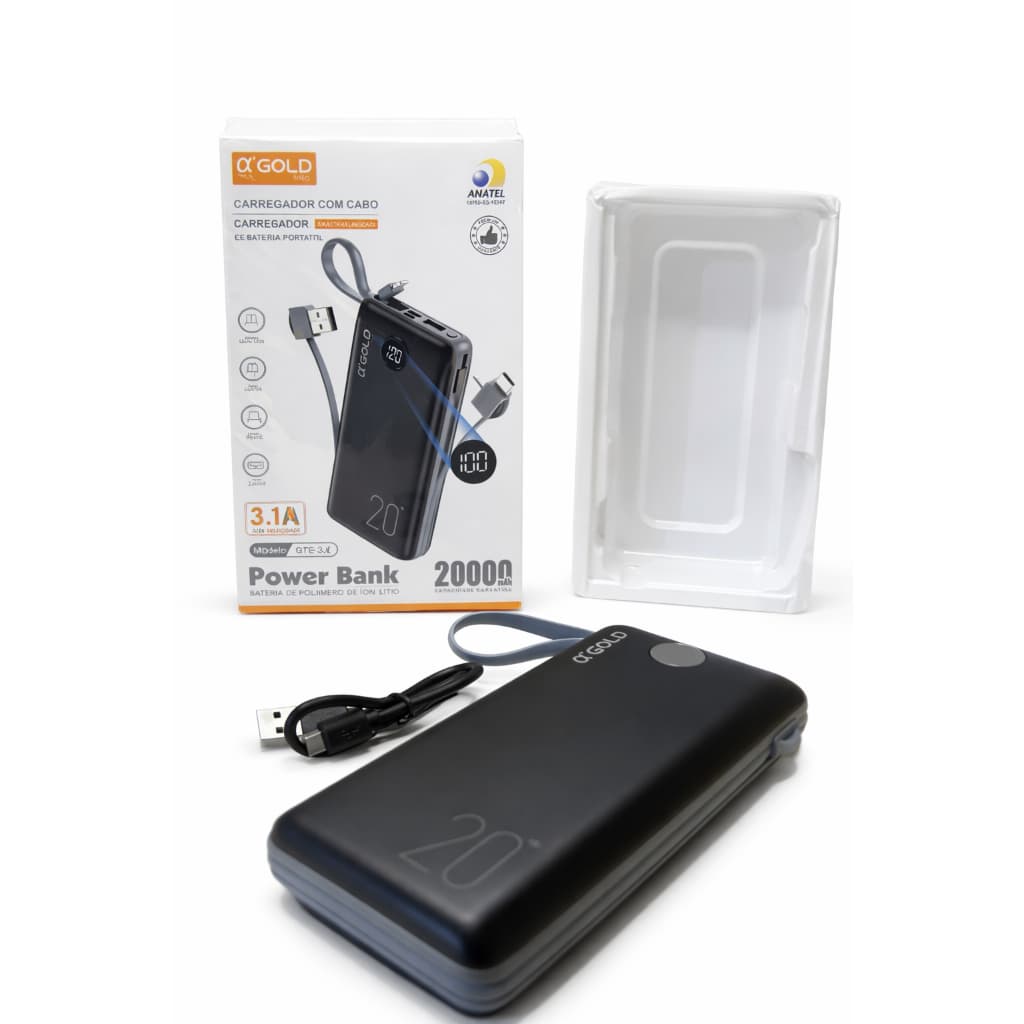 Carregador Portátil Power Bank 20000mAh A'Gold Original Turbo Com Cabos iPhone/Tipo C/V8 BTE-02 Promoção