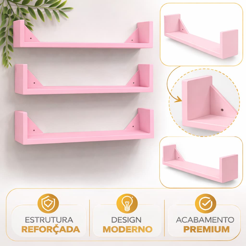 Kit 3 Prateleiras U Colorida Decoração Quarto Sala Escritório