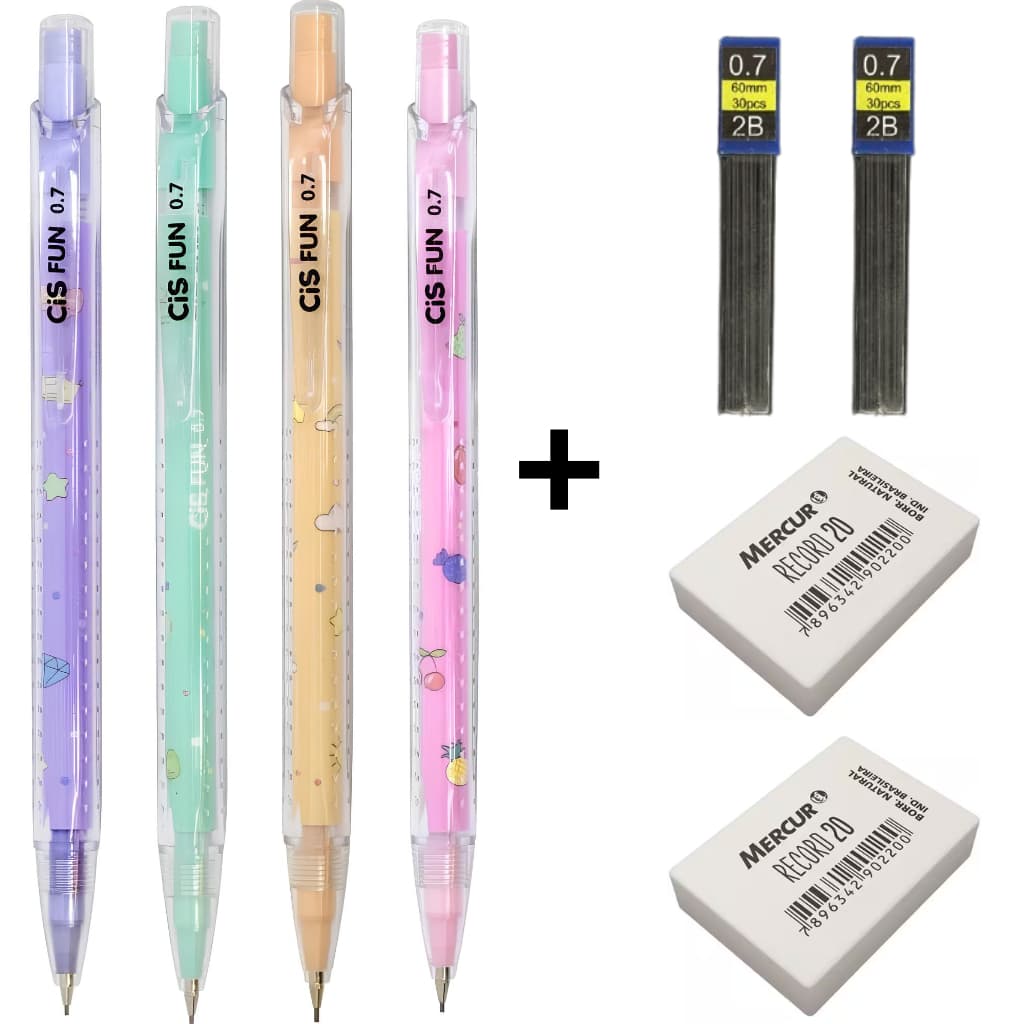 Kit Lapiseira Cis Fun 0.7mm + 2 Borrachas e 2 Grafites 0.7mm Com Bolinhas Antiderrapante 109562