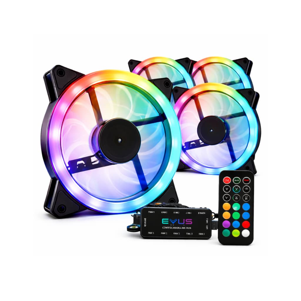 Kit 4 Cooler Fan Rgb Gamer 120mm Com Controladora e Controle 6 Pinos 1200rpm