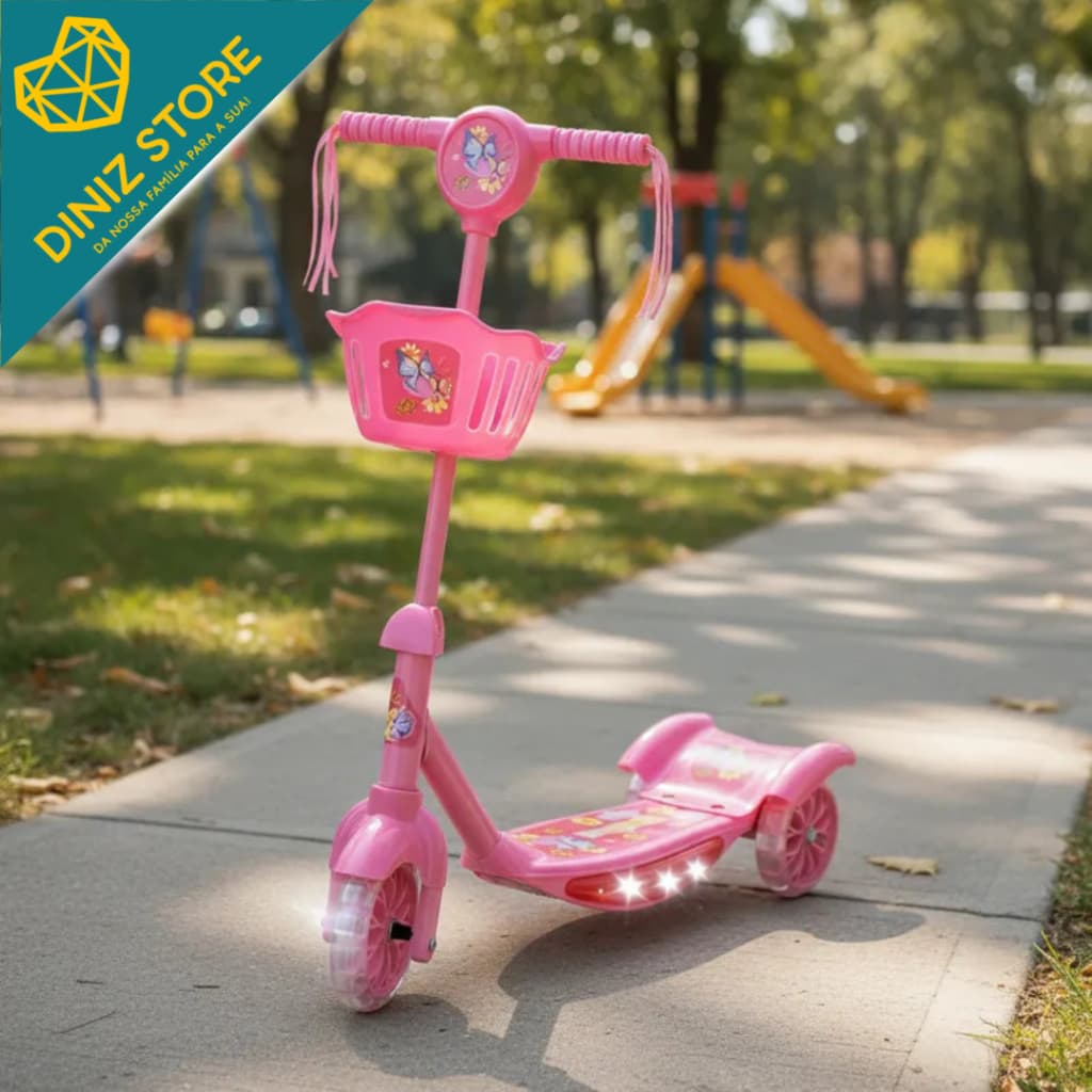 Patinete Infantil 3 Rodas Dobrável Luz Som Rosa Azul Brinquedo Rodas LED Passeio Diversão