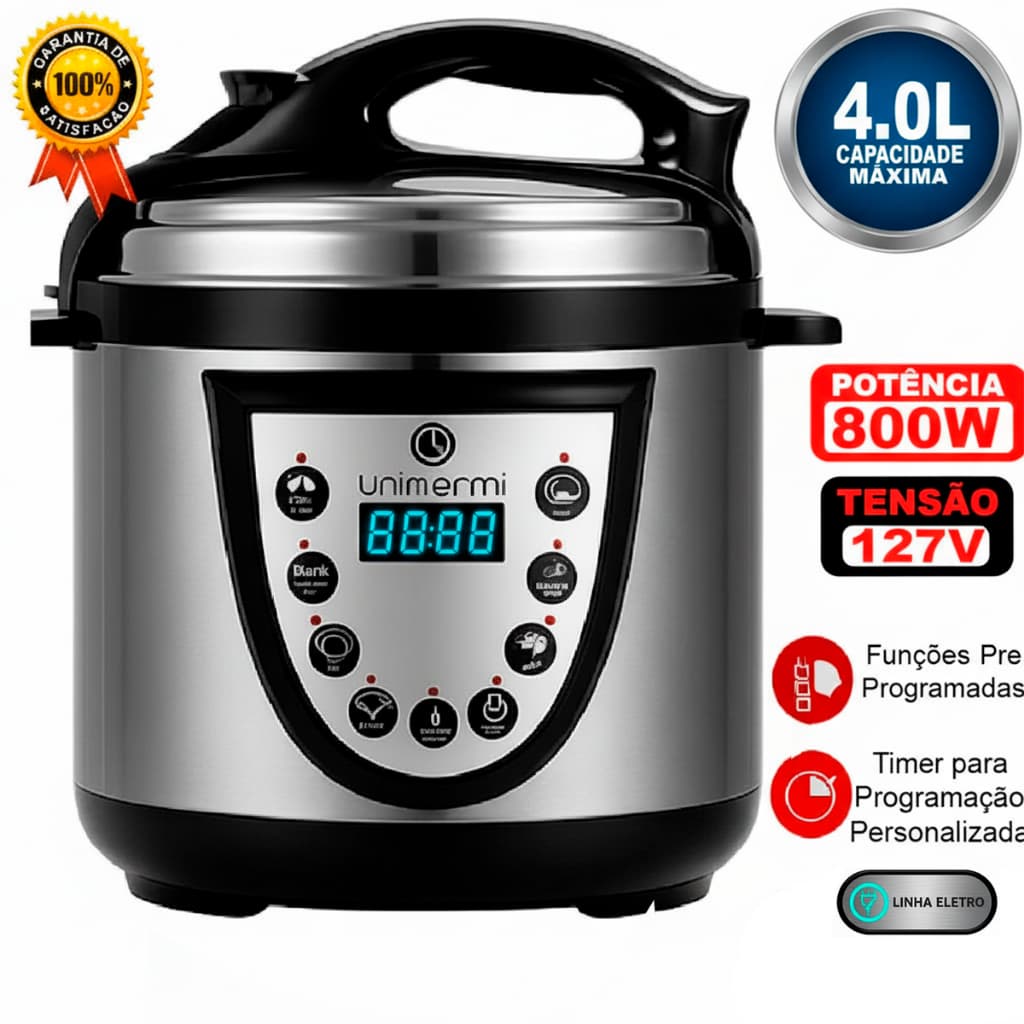 Panela de Pressão Elétrica Digital inox 4L Unitermi 800W Inox Anti-anderente Tensão 127V Programação