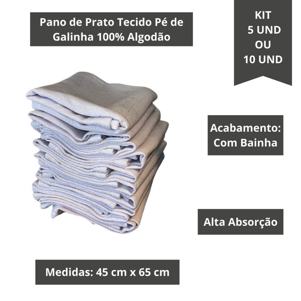 Kit 5 ou 10 Pano de Prato Branco Liso com Bainha Tecido Pé de Galinha 100% Algodão Premium Grande