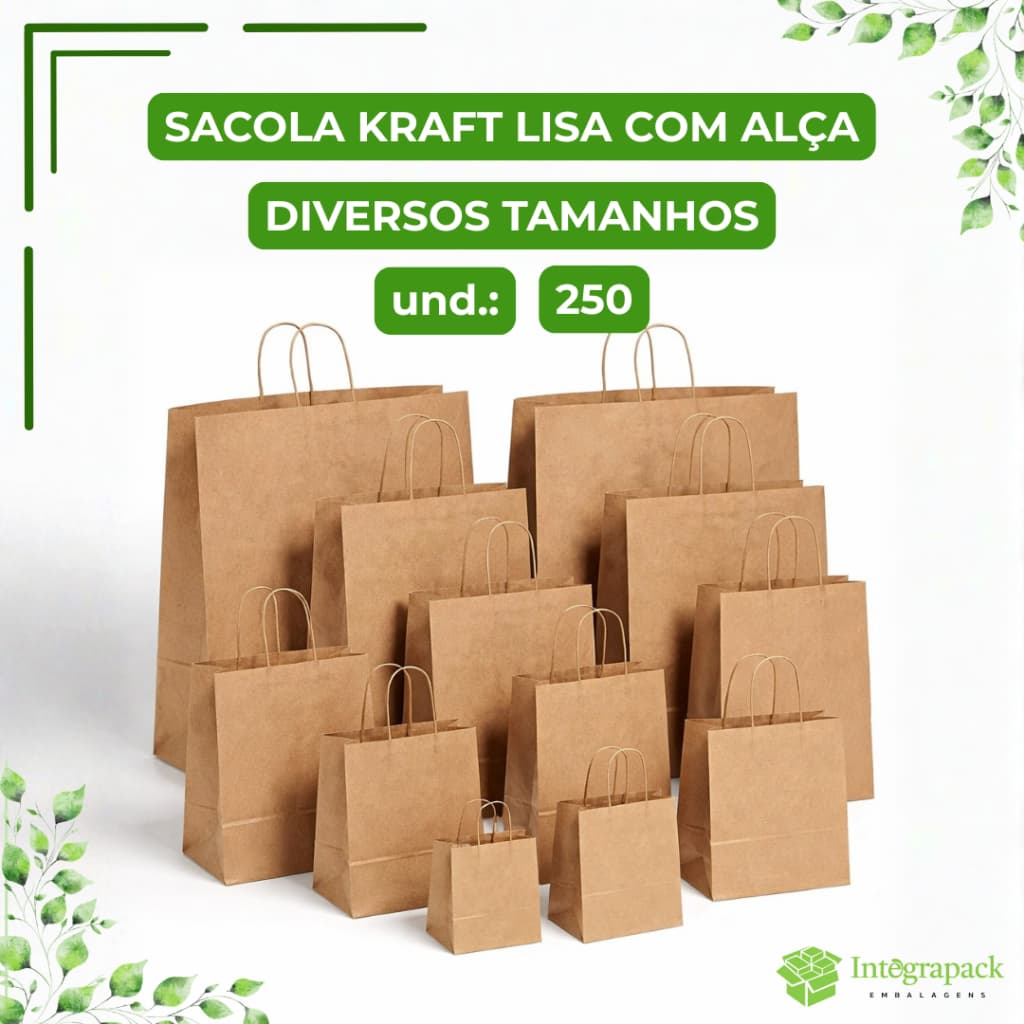 Sacola Kraft Lisa Alça de Papel Torcido 250 Unidades 70g 80g Sacola de Papel Lojas Diversos Tamanhos