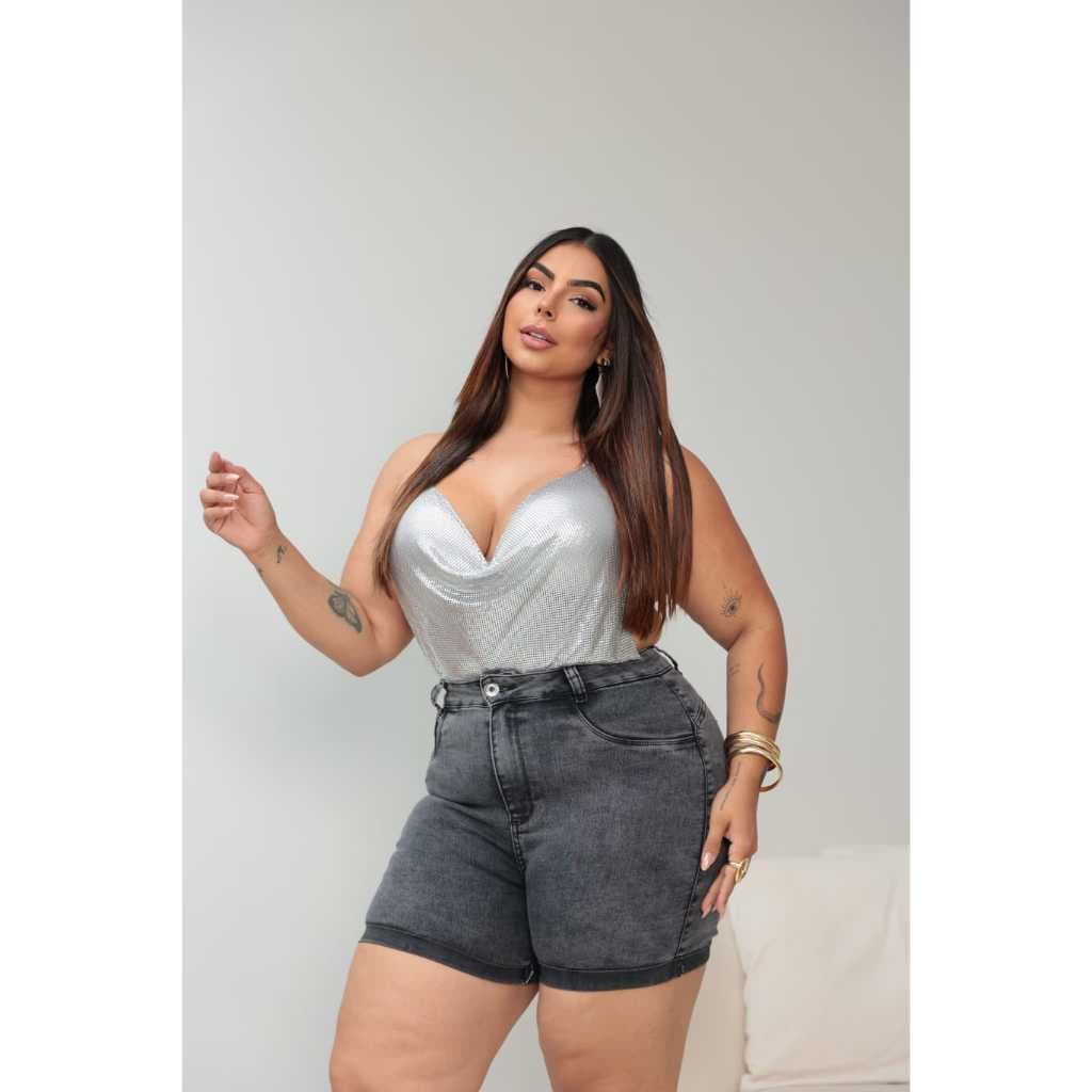Bermuda Jeans Feminina Plus Size Cintura Alta Meia Coxa Confortável Modinha Veste Bem 46 ao 54
