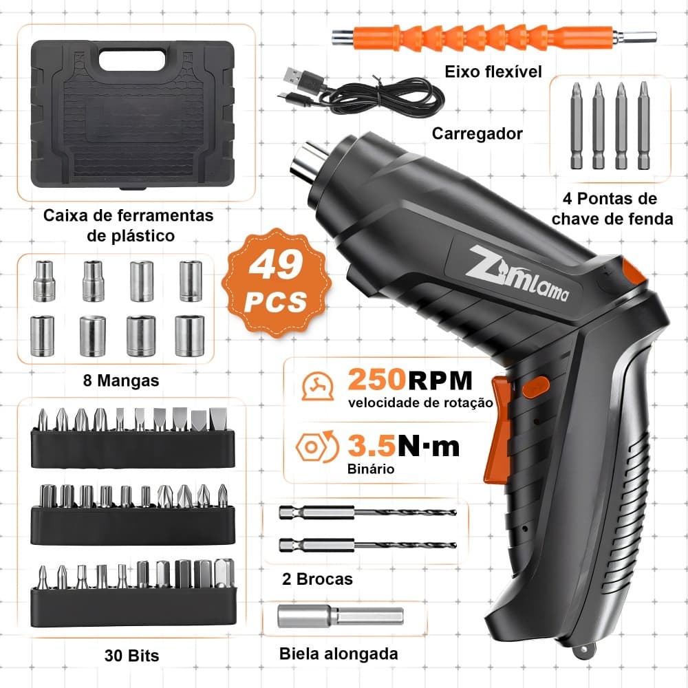 Parafusadeira Elétrica 4.2V USB-C LED Furadeira Parafusadeira Sem Fio Maleta Kit 49 Peças