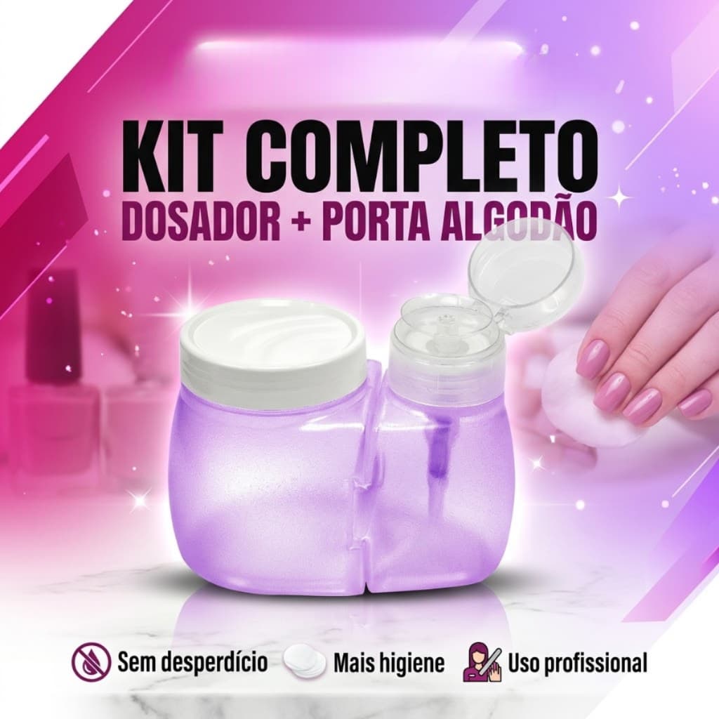 Dosador de Acetona Pump + Porta Algodão Kit Unhas Manicure Salão Beleza Profissional
